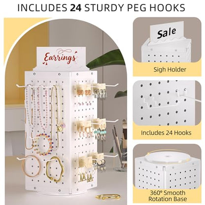 Urban Deco 360° Rotating Pegboard Display Stand with Signage, 4-Sided Spinning Peg Board Stand with 24 Hooks for Jewelry, Earring & Keychain Holder Displays for Craft Shows & Vendor Events (White) - color: White