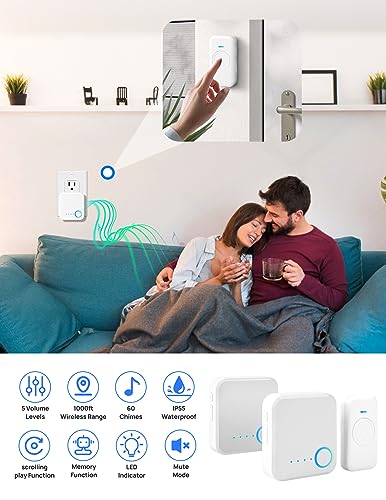 Wireless Doorbell 1000ft Range, Loud Waterproof Door Bell with 60 Melodies - color: White-1 Button +2 Receivers
