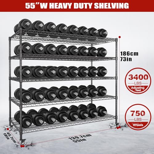 5 Tier Wire Shelving 2 Pack | 55”W Storage Shelves Heavy Duty | Rolling Wire Rack with Wheels | 3250 LBS Metal Shelving | Garage Shelving Units and Storage | Adjustable Layer Height | 55”W×18”D×73”H - size: 2pcs