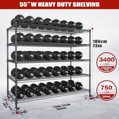 5 Tier Wire Shelving 3 Pack | 55”W Storage Shelves Heavy Duty | Rolling Wire Rack with Wheels | 3250 LBS Metal Shelving | Garage Shelving Units and Storage | Adjustable Layer Height | 55”W×18”D×73”H - size: 3pcs