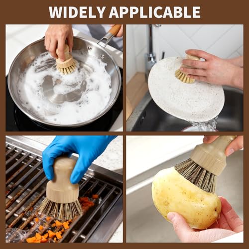 SAMEBUTECO 4 Packs Bamboo Dish Brush Set with 2 Metal Dry Holder