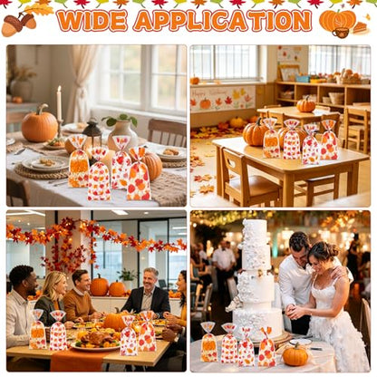 100Pcs Fall Thanksgiving Cellophane Treat Bags - 5 x 11 Inch Clear Fall Goodie Bags with Gold Ties for Cookies, Snacks, Party Favors & Gift Packaging, 2.8 Mil Thick Plastic Autumn Candy Bag for Kids - color: Fall 100pcs