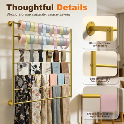 Wall Mounted Scarf Rack, Hijab Hanger Organizer (Gold, 10T-23.6×47.2IN) - size: 10-Tier (23.6×47.2IN)