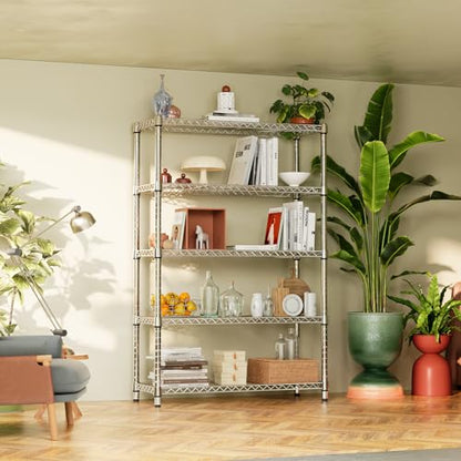 IZEUK 1750LBS Garage Shelving Wide Storage Shelves 5 Tier Metal Shelves Heavy Duty Adjustable Utility Shelf Rack (Chrome, 5 Tier, 15.7" D x 45.3" W x 70.9" H) - color: Chrome, size: 5 Tier, 15.7" D x 45.3" W x 70.9" H