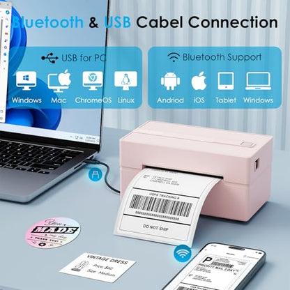 KNAON Bluetooth Thermal Shipping Label Printer 4x6 for Small Business, Pink - color: Pink