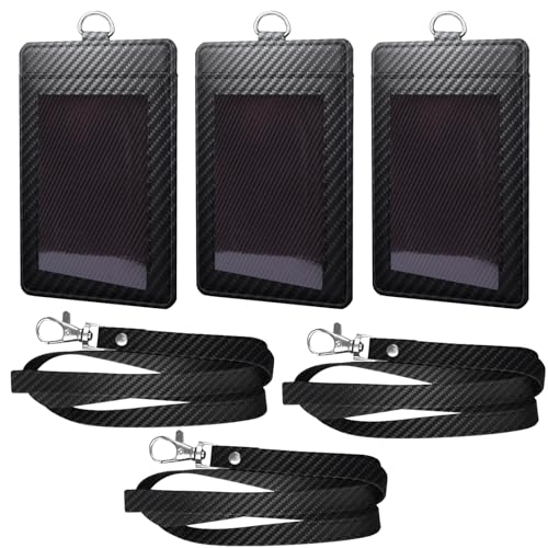 Carbon Fiber Work ID Card Holder with Lanyard,Black 3 Pcs - color: Black（3 Pieces）