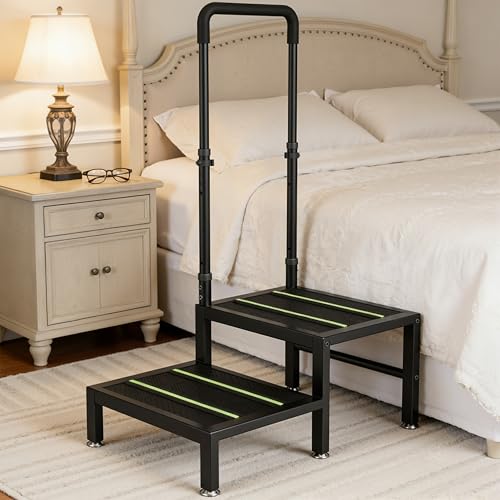 2 Step Stool with Handle, Heavy Duty Step Stool for Elderly and Adults, Adjustable Handrail with Non-Slip Platform, Bedside Steps for High Beds, Kitchen and Bathroom