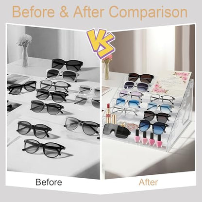 7 Tier Acrylic Sunglasses Organizer Stand, Clear Display Rack for Glasses, Cards & Cosmetics – Space-Saving Eyewear Holder with No-Tool Assembly