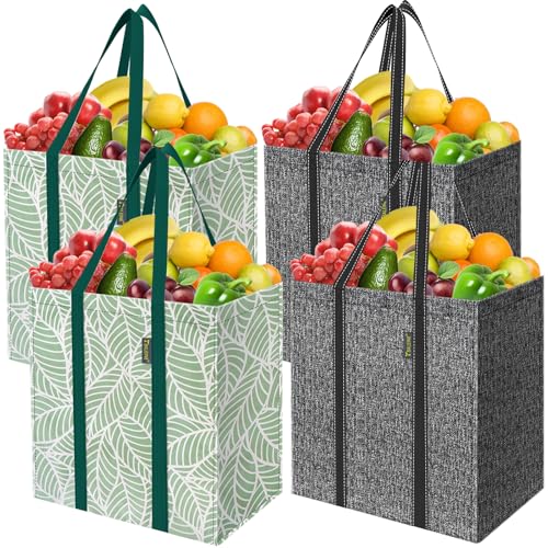 BALEINE 4 PK Grocery Bags Reusable Shopping Bags with Reinforced Bottom, Heavy Duty Foldable Tote Bags (Combo) - color: Combo-2 Patterns, size: 4 PK