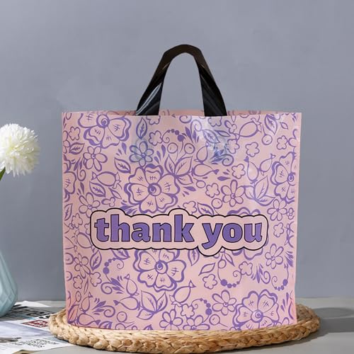 Joyhey 50 Count 9.8" x 11.8" Plastic Thank You Merchandise Bags, Shopping Retail Bags with Handles - Purple (More Patterns Available) - color: Purple Thank You