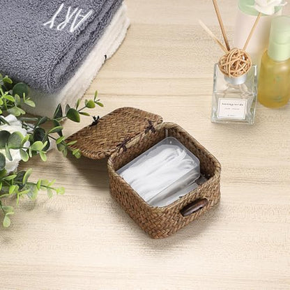Hipiwe Mini Seagrass Basket Box Wicker Shelf Baskets with Lid, 3.5"x3.5"x2" - color: Coffee color, size: 3.5" x 3.5" x 2"