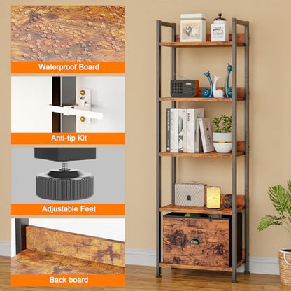 Furologee 5 Tier Bookshelf with Drawer, Tall Narrow Bookcase, Rustic Brown - color: Rustic Brown, size: 5 Tier