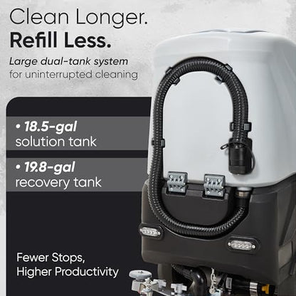 Battery Powered Ride-On Commercial Floor Scrubber Machine, 22" Brush, 31.5" Squeegee Width, 19 gal Solution Tank, 20 gal Recovery Tank, 5 hr Use 7 hr Charge, 200 RPM, 48,400 Sqft/H, Batteries Included - size: 22"