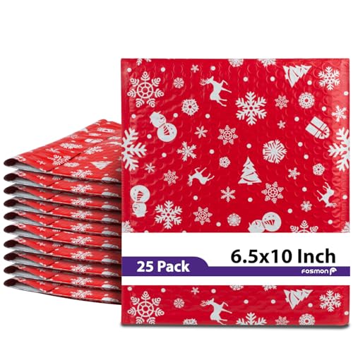 Fosmon #0 Christmas Poly Bubble Mailer 6.5 x 10 inches (25 Pack), Lightweight Water/Dust/Shock/Tear Resistant Padded Shipping Envelopes - Xmas Red White Snow - color: Christmas, size: 25 Pack