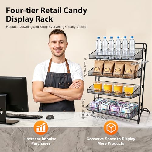 4-Tier Retail Candy Display Rack with Baskets, Metal Snack Organizer, Black, Iron, Modern, 16.14 x 9.84 x 20.27 inches, Countertop, Stable Structure, Retail Store Display