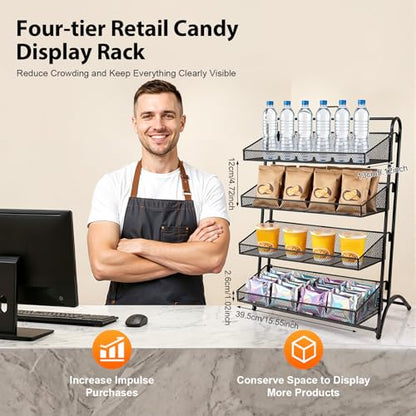 4-Tier Retail Candy Display Rack with Baskets, Metal Snack Organizer, Black, Iron, Modern, 16.14 x 9.84 x 20.27 inches, Countertop, Stable Structure, Retail Store Display