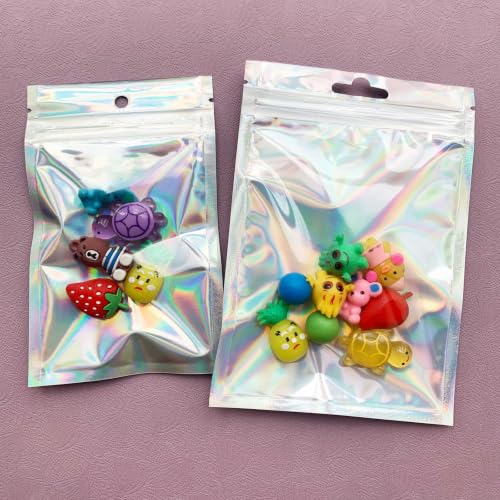 100 Pack Holographic Resealable Bags with Clear Window,Small Sealable Sample Packaging Bags for Small Business, Plastic Gift Bag for Food Candy Treat Heat Seal Storage (3.54x4.72) - size: 3.54x4.72