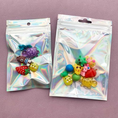 100 Pack Holographic Resealable Bags with Clear Window,Small Sealable Sample Packaging Bags for Small Business, Plastic Gift Bag for Food Candy Treat Heat Seal Storage (3.54x4.72) - size: 3.54x4.72