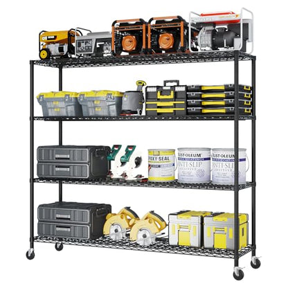 4-Tier Shelf, Adjustable Wire Metal Rack Shelving, Heavy Duty Standing Storage Shelves, Garage, Kitchen, Office, Bathroom, Shelfs Easy Assembly, 59" W x 23.6" D x 75.6" H Wheels, Black - color: Black, size: 4-tier 59.06"W x 23.62"D x 75.59"H Wheels