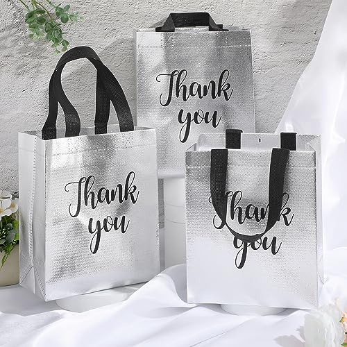 Fumete 50 Pcs Silver Glossy Thank You Gift Bag with Handles - color: Silver