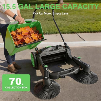 43" Walk-Behind Hand Push Floor Sweeper, 15 Gallon Waste Container, 46000 Sq Ft/H Efficiency, Angle & Height Adjustable Folding Handle for Yard, Garage, Patio & Walkway Cleaning - color: Green