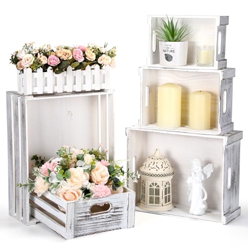 CroBlissful 5 Pack Wooden Crates for Display Rustic Nesting Crates, White - color: White