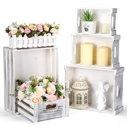 CroBlissful 5 Pack Wooden Crates for Display Rustic Nesting Crates, White - color: White