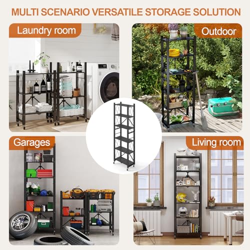 6-Tier Foldable Storage Shelves with Wheels Folding Bookshelf no Assembly - color: Black, size: 6 Tier