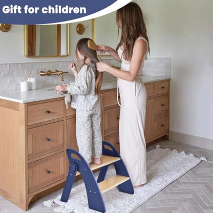 Step Stool for Toddlers, Foldable Wooden 2 Step Stool, Toddler Step Stool for Bathroom Sink & Potty Training, Kitchen Helper with Handles and Non-Slip Pads - color: Dark Blue
