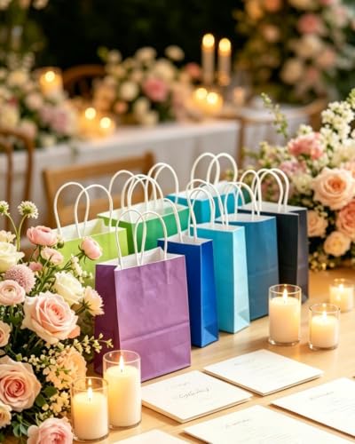 qiqee 100Pcs Paper Gift Bags with Handles - 4.5"×2.5"×6" Mini Party Favor Bags - 24 Solid Colors - size: 1 Count (Pack of 100)