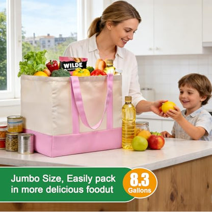 1-Pack Heavy Duty Canvas Reusable Grocery Bags, 8.3 Gal Foldable Large Tote with Handles, Washable Eco-friendly Bags with 5 Pockets, (Pink/Beige) - color: [A1] Off White / Pink/B, size: 1 Pack