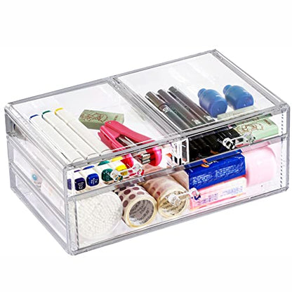 Cq acrylic Clear Storage Drawers,Stackable Make up Organizers And Storage For Vanity Countertop,Large 3 Drawers Plastic Shelf Organizer Bins for Make up,Medicine,Craft,Pen,Beauty Supplies,Pack of 1 - size: 2 Small Drawers, 1 Long Height Drawer