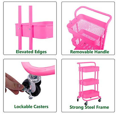 3-Tier Metal Mesh Rolling Cart Storage Organizer with Utility Handle and Wheels, Pink - color: A- Pink