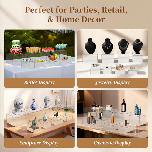 6 PCS 12" to 6.8" Clear Buffet Risers with Mini Sign and Makers, Large Food Risers for Buffet Table, Display Shelf Stands for Party, Catering, Dessert, Jewelry Collectibles, Nesting Cube Boxes with Hollow Bottoms Set (12",10",9",8",7.5",6.8")