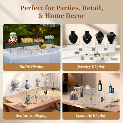 6 PCS 12" to 6.8" Clear Buffet Risers with Mini Sign and Makers, Large Food Risers for Buffet Table, Display Shelf Stands for Party, Catering, Dessert, Jewelry Collectibles, Nesting Cube Boxes with Hollow Bottoms Set (12",10",9",8",7.5",6.8")