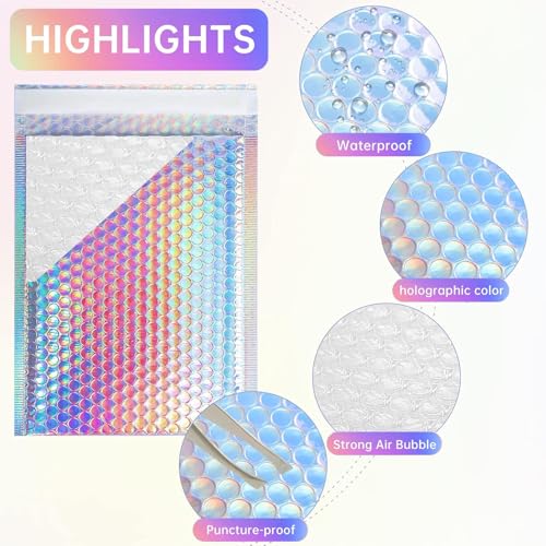 50 Pcs Metallic Bubble Mailers,Waterproof Self Seal Adhesive Shipping Bags,Holographic Cushion Envelopes,Foil Glitter Shipping Mailer,Poly Padded Envelopes for Mailing Packing Small Business