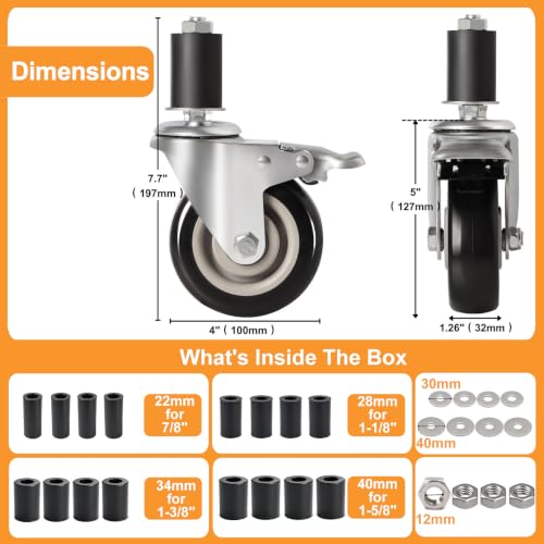 4-Inch Heavy-Duty Expanding Stem Casters with Brake - Prep Table Casters Set of 4, Fit 7/8" to 1-5/8" ID Tube Pipe Legs for Stainless Steel Table, Equipment Stand, Carts, Shelving Racks - style: with Brake