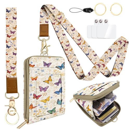 Colorful Butterflies Watercolour PU Leather ID Badge Holder with Lanyard with Keychain Phone Lanyard Wrist Strap, RFID Blocking, for Office School Business Women - color: Colorful Butterflies