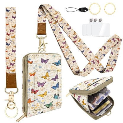 Colorful Butterflies Watercolour PU Leather ID Badge Holder with Lanyard with Keychain Phone Lanyard Wrist Strap, RFID Blocking, for Office School Business Women - color: Colorful Butterflies