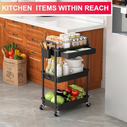 Goovilla 3 Tier Rolling Utility Cart Organizer with Removable Drawer, Black - size: 3 Tier, style: Black