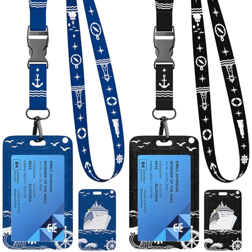 2 Pack Cruise Lanyard for Ship Cards, Printed Design Cruise Ship Lanyards with Heavy Duty ID Badge Holders & Detachable Buckle, Cruise Essentials 2026 for Carnival, Royal Caribbean, MSC, NCL - color: Black+navy Blue