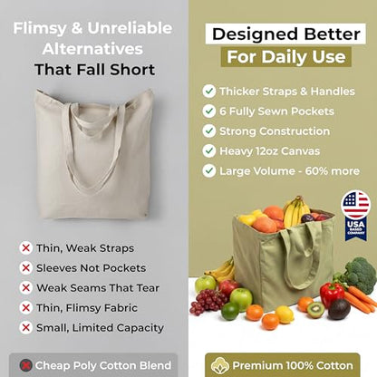VeraMia Canvas Grocery Bag 3pc XL Set with Real Pockets, Long Shoulder Strap and Short Handle. Heavy Duty, Foldable, Washable - color: Avocado