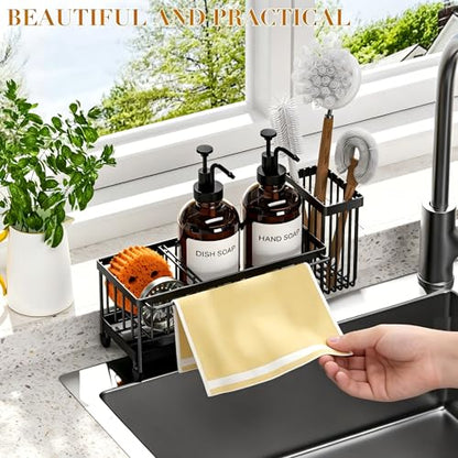 Kitchen Soap Dispenser Set with Sponge Holder and Towel Rack, 17OZ Glass Bottle, Hand and Dish Soap Dispenser Set, Non-Slip Silicone Pad, Brush Holder, Kitchen Sink Caddy Organizer Countertop (Amber) - color: Amber