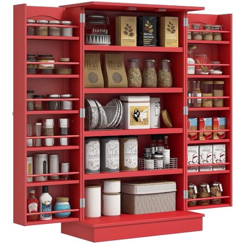 HOMCOM 41" Kitchen Pantry Storage Cabinet 12 Door Shelves Red - color: Red, size: 23.6" W x 11.8" D x 40.9" H