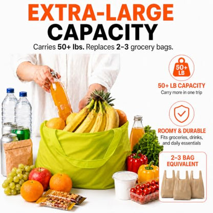 Reusable Grocery Bags 6 Pack, Foldable Shopping Bags with Pouch, Heavy Duty 50 LBS, Machine Washable Travel Totes - color: Yellow