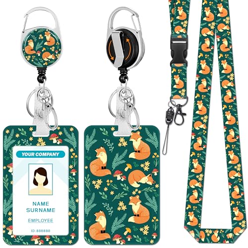 Hancynir Fox Lanyards for Id Badges, Badge Holder Retractable Reel Clip - color: Fox Floral