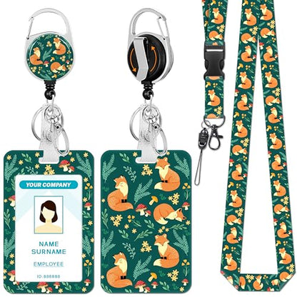 Hancynir Fox Lanyards for Id Badges, Badge Holder Retractable Reel Clip - color: Fox Floral