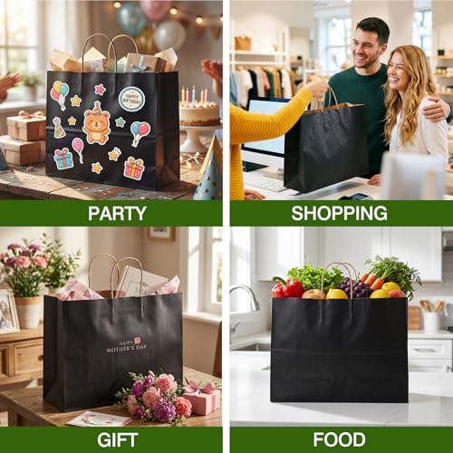 OUTUXED 200pcs 16x6x12 Inch Black Paper Bags with Handles, Large Gift Bags - color: Black, size: 1 Count (Pack of 200)