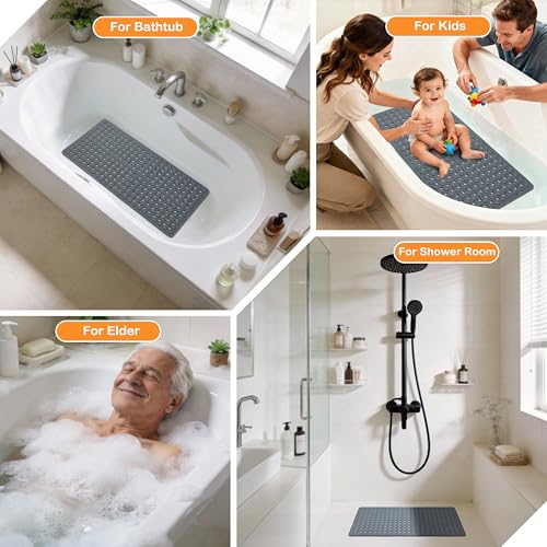 Yimobra Bathtub Mat Non Slip, 34.5"X15.5" Long Shower Mat for Inside Shower, Machine Washable Bath Mat with Drain Holes & Strong Suction Cups, Soft on Feet, Bathroom Essentials, Dark Grey - color: Dark Grey, size: 34.5 X 15.5 Inch