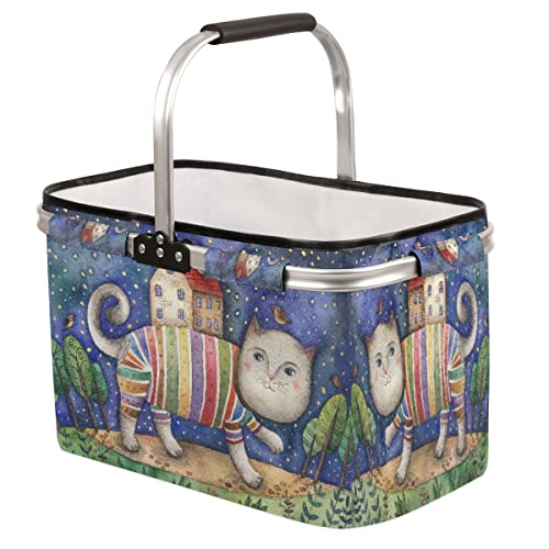 Watercolor Cat House Collapsible Market Basket, Leakproof Folding Collapsible Portable Picnic Basket Strong Aluminum Frame for Travel, Shopping, Camping & Lake Trips - color: Watercolor Cat House
